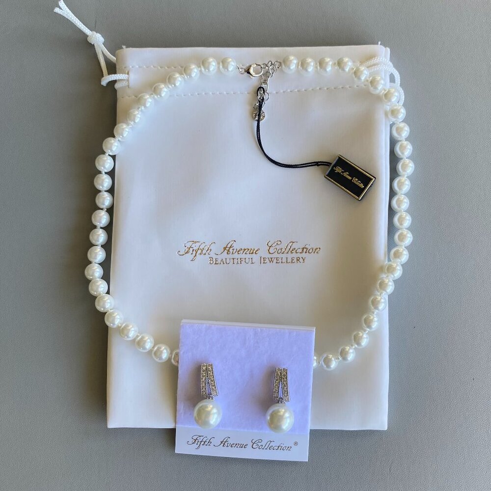 FAC White Faux Pearl Necklace & CZ Earrings NWT​​​